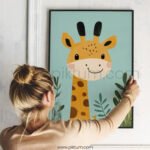 Cute Giraffe with Leaves – Playful Animal Wall Art
