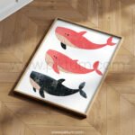 Whale Family Illustration Wall Art – Minimal Ocean Animal Print Set