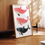 Whale Family Illustration Wall Art – Minimal Ocean Animal Print Set