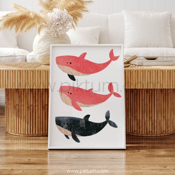 Whale Family Illustration Wall Art – Minimal Ocean Animal Print Set