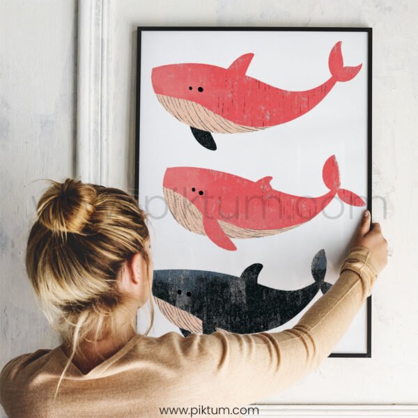 Whale Family Illustration Wall Art – Minimal Ocean Animal Print Set