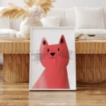Playful Cat Illustration Wall Art – Modern Animal Print with Soft Texture
