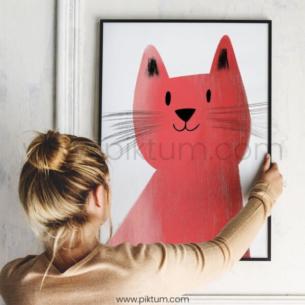 Playful Cat Illustration Wall Art – Modern Animal Print with Soft Texture