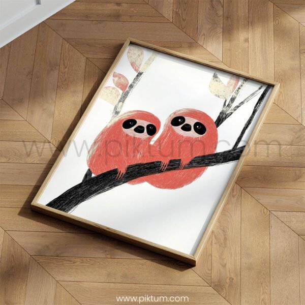 Sweet Sloth Pair Illustration Wall Art – Calm Jungle Animal Print