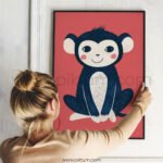 Cute Monkey Wall Art – Modern Jungle Animal Illustration for Kids Decor