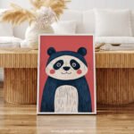 Cute Panda Wall Art – Modern Animal Illustration in Soft Red Tones