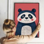 Cute Panda Wall Art – Modern Animal Illustration in Soft Red Tones