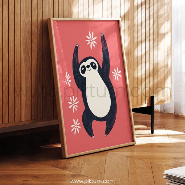 Happy Sloth Illustration – Playful Jungle Animal Art Print