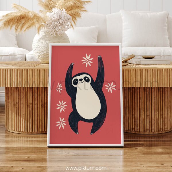Happy Sloth Illustration – Playful Jungle Animal Art Print