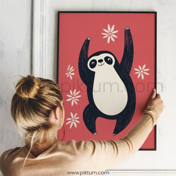 Happy Sloth Illustration – Playful Jungle Animal Art Print
