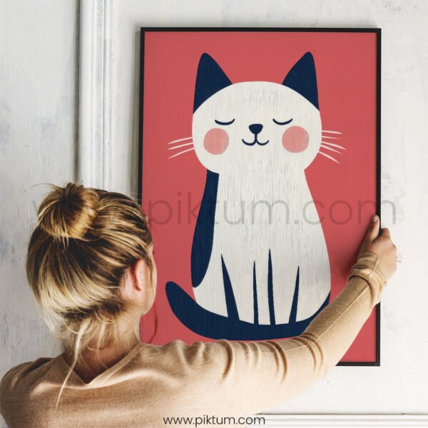 Sleepy Cat Wall Art – Calm Minimal Cat Illustration for Nursery Decor