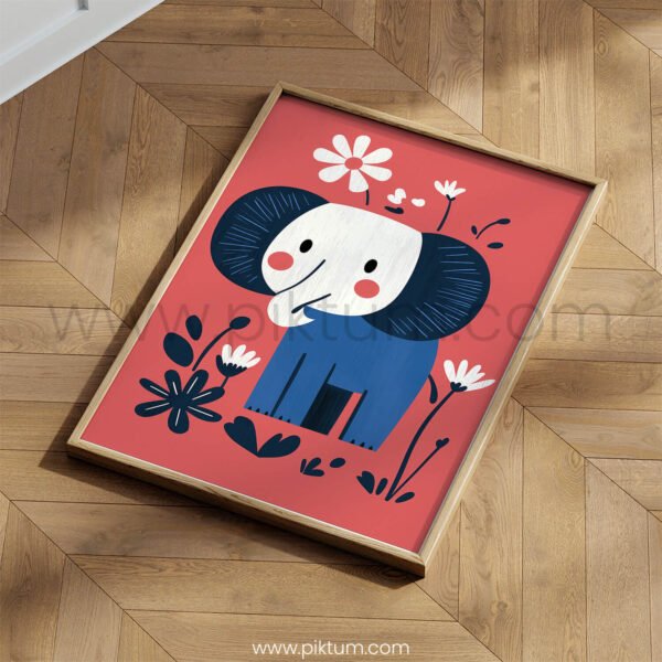 Happy Elephant Wall Art – Playful Animal Illustration with Floral Details