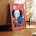 Happy Elephant Wall Art – Playful Animal Illustration with Floral Details