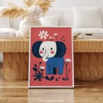 Happy Elephant Wall Art – Playful Animal Illustration with Floral Details