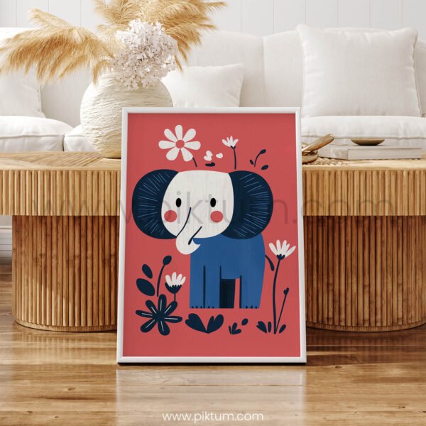 Happy Elephant Wall Art – Playful Animal Illustration with Floral Details