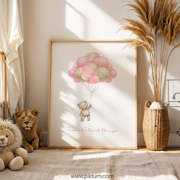 Teddy Bear Balloon Nursery Print – “I Can Do Hard Things” Wall Art