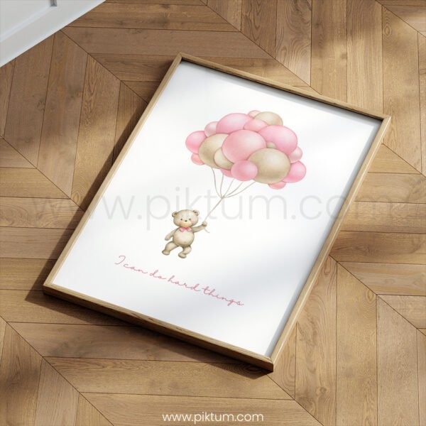 Teddy Bear Balloon Nursery Print – “I Can Do Hard Things” Wall Art