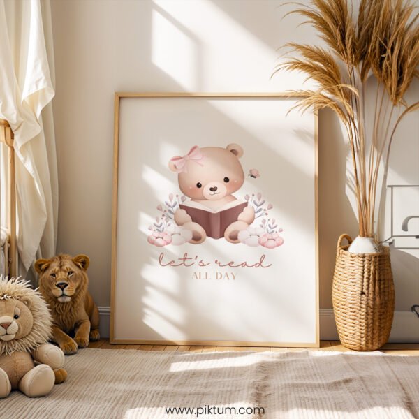 Reading Teddy Bear Nursery Print – “Let’s Read All Day” Wall Art