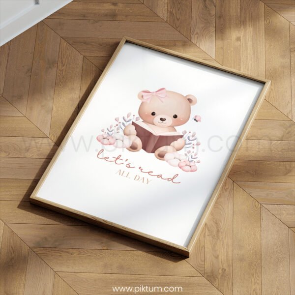 Reading Teddy Bear Nursery Print – “Let’s Read All Day” Wall Art