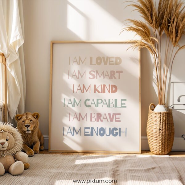Positive Affirmations Nursery Wall Art – “I Am Loved, I Am Enough” Print