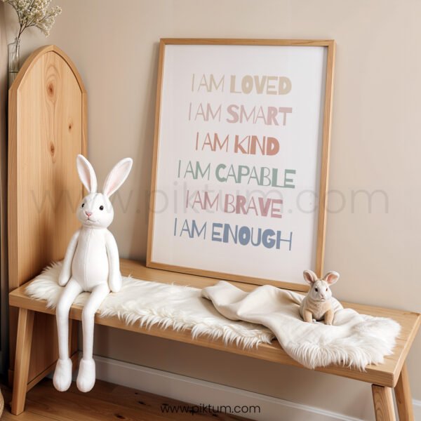 Positive Affirmations Nursery Wall Art – “I Am Loved, I Am Enough” Print