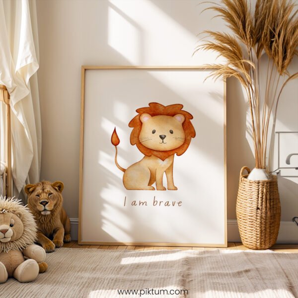 “I Am Brave” Lion Nursery Wall Art – Courage Affirmation Animal Print