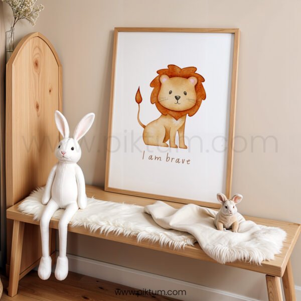 “I Am Brave” Lion Nursery Wall Art – Courage Affirmation Animal Print