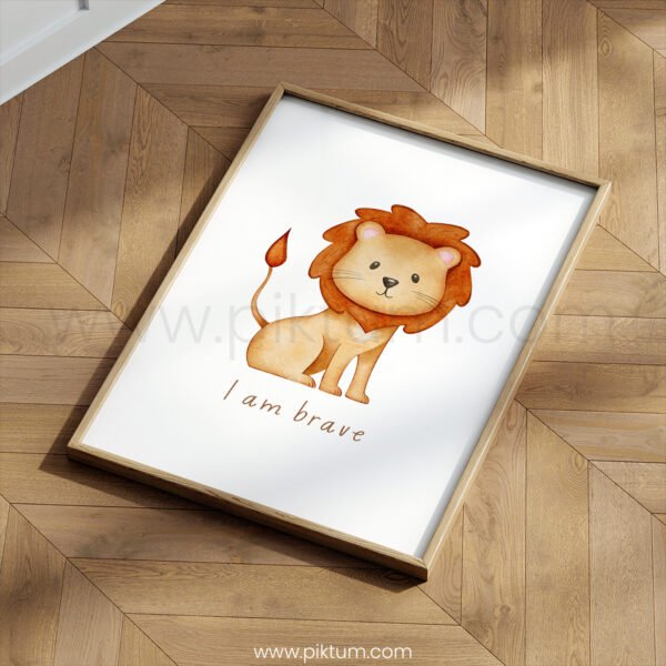 “I Am Brave” Lion Nursery Wall Art – Courage Affirmation Animal Print