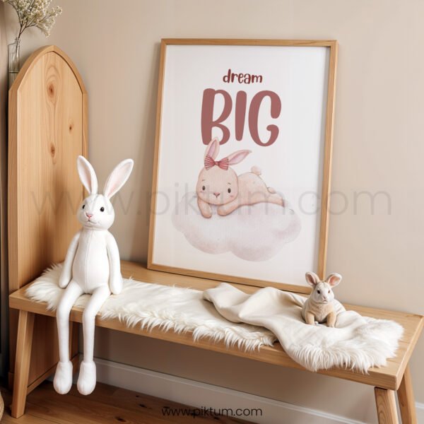“Dream Big” Bunny Nursery Wall Art – Inspirational Baby Room Print