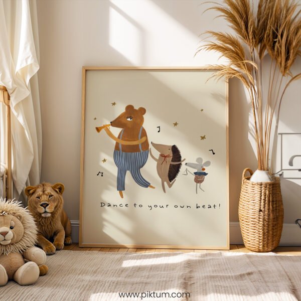 “Dance to Your Own Beat” Nursery Wall Art – Woodland Music Print for Kids