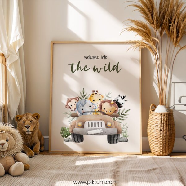 “Welcome Into the Wild” Safari Nursery Wall Art – Jungle Animal Adventure Print