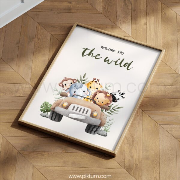 “Welcome Into the Wild” Safari Nursery Wall Art – Jungle Animal Adventure Print