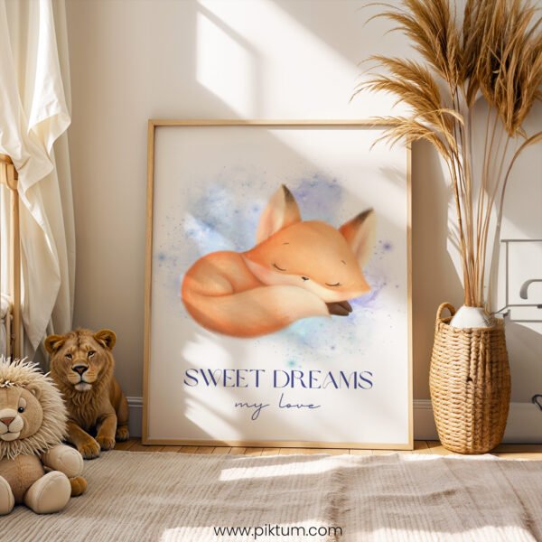 “Sweet Dreams My Love” Fox Nursery Wall Art – Gentle Woodland Print