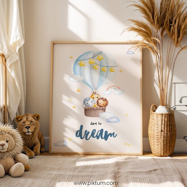 “Dare to Dream” Nursery Wall Art – Whimsical Hot Air Balloon Print