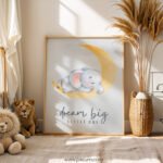 “Dream Big Little One” Nursery Wall Art – Sleeping Elephant Moon Print
