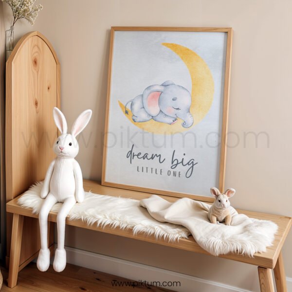 “Dream Big Little One” Nursery Wall Art – Sleeping Elephant Moon Print