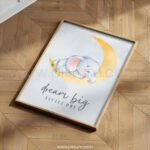 “Dream Big Little One” Nursery Wall Art – Sleeping Elephant Moon Print