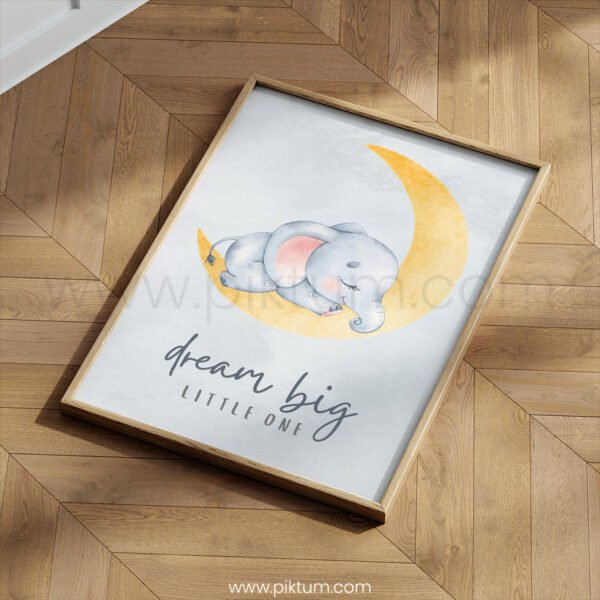 “Dream Big Little One” Nursery Wall Art – Sleeping Elephant Moon Print
