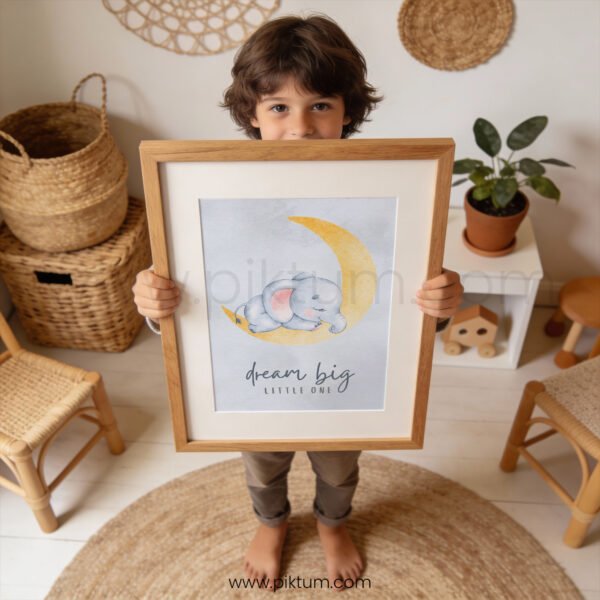 “Dream Big Little One” Nursery Wall Art – Sleeping Elephant Moon Print