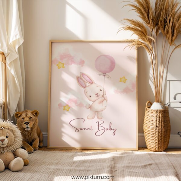 “Sweet Baby” Nursery Wall Art – Bunny Balloon Watercolor Print