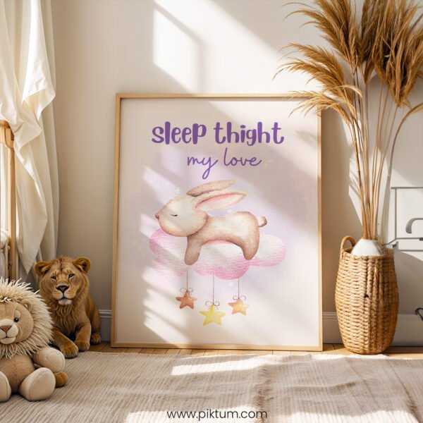 “Sleep Tight My Love” Nursery Wall Art – Bunny Cloud Watercolor Print