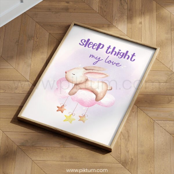 “Sleep Tight My Love” Nursery Wall Art – Bunny Cloud Watercolor Print