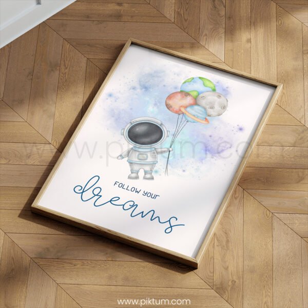 “Follow Your Dreams” Astronaut Nursery Wall Art – Space-Themed Watercolor Print