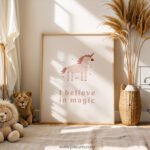 “I Believe in Magic” Unicorn Nursery Wall Art – Neutral Fantasy Print