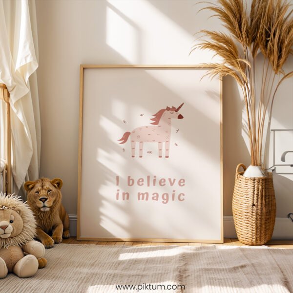 “I Believe in Magic” Unicorn Nursery Wall Art – Neutral Fantasy Print