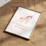 “I Believe in Magic” Unicorn Nursery Wall Art – Neutral Fantasy Print
