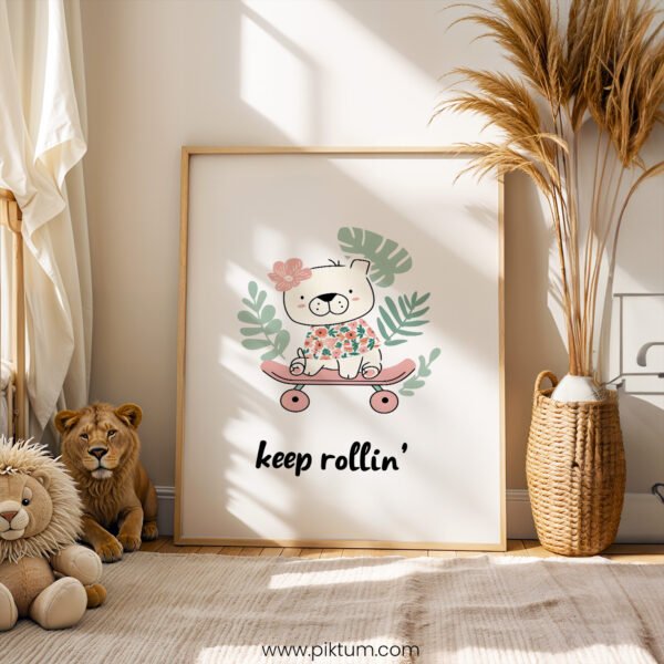 “Keep Rollin’” Skateboard Bear Nursery Wall Art – Modern Boho Kids Print