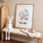 “Keep Rollin’” Skateboard Bear Nursery Wall Art – Modern Boho Kids Print
