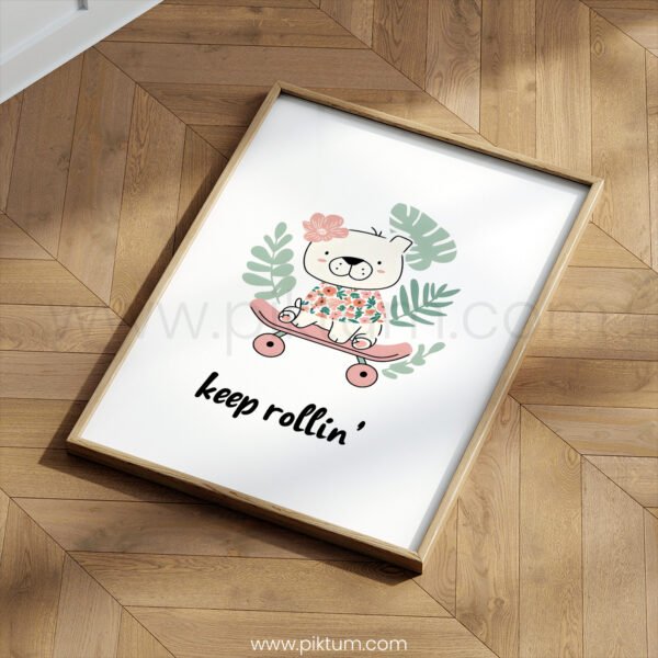 “Keep Rollin’” Skateboard Bear Nursery Wall Art – Modern Boho Kids Print