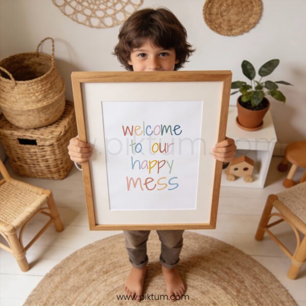 “Welcome to Our Happy Mess” Nursery Wall Art – Colorful Kids Room Print